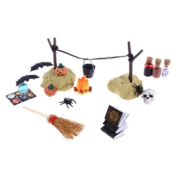 1Set 1/12 Casa de bonecas em Miniatura de Halloween Horror Decoração de Abóbora Morcego Crânio Cabeça de Vassoura-de-Aranha Cabeça de Livro de Magia Ornamento DIY Casa de Boneca