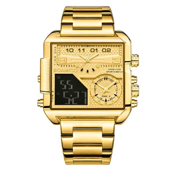 As melhores marcas de Moda de Luxo Homens Relógios de Ouro de Aço Desporto Praça Digital Analógica Grande Relógio de Quartzo para o Homem Relógio Masculino Presente