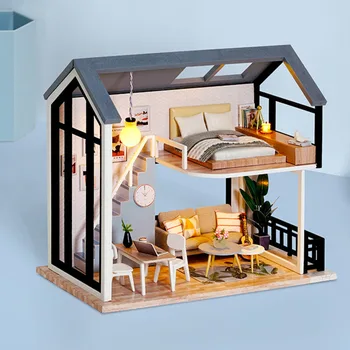 Criativo DIY Kit de Casa de bonecas de Madeira, Casas de Boneca em Miniatura Casa de bonecas Mobiliário em Kit Com LED de Brinquedos Para Crianças de Presente de Natal
