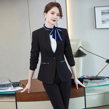 Moda Pantsuit Mulheres de Negócios Fatos de Calça e Casaco de Conjuntos de Blazer Senhoras Trabalho de Esteticista Office Uniforme Estilos Preto