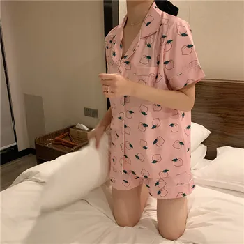 as mulheres de cor-de-rosa de manga curta pijama conjunto coreano verão pêssego imprimir bonito shorts conjuntos de pijamas aluno homewear com máscara de olho