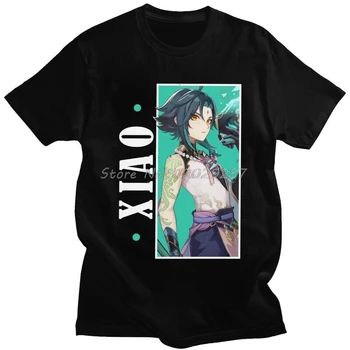 Moda Genshin Impacto Xiao Homens T-Shirt de Algodão Tee Tops Japão Anime Camiseta Curta-Manga Casual Gráfico T-shirt da Impressão Presente