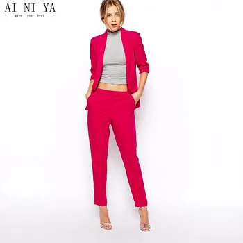 Jaqueta Calças Rosa Vermelha Mulheres Ternos Slim Fit Formal Feminino Office Uniforme Senhoras Outono Pedaço De 2 Blazers, Ternos Feitos