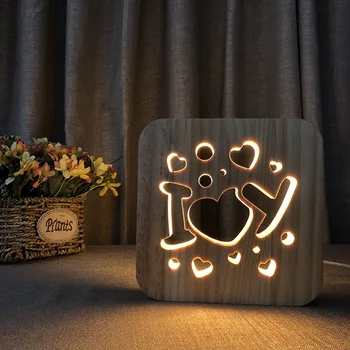 Madeira novo Amor a Luz da Noite USB Plug Quente luz de Cabeceira Atmosfera Lâmpada Efeito 3D Dormir de Noite um Quarto de Luz Lâmpada de Mesa de Casa Deco