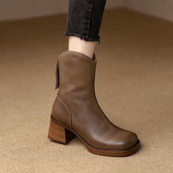 2022 Mulheres novas ankle boots de couro natural 22-25 CM lavado couro de couro cheio moderno botas de dedo do pé quadrado vintage ocidental botas