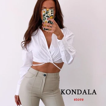 KONDALA Mulher Chique e Sexy Blusa Branca Za Moda 2021 de Pescoço de V Laço Curto Camisas de Mulheres de Manga Longa Streetwear Mujer Tops