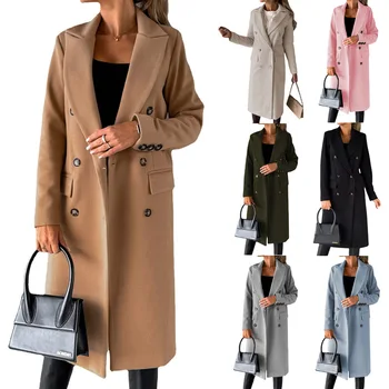 Mulheres Casual Longo Blusão Duplo Abotoamento Bolso Mulheres de Outono Casaco Versátil de Lã Casaco de 2022 Sólido Cor de Manga comprida Casaco
