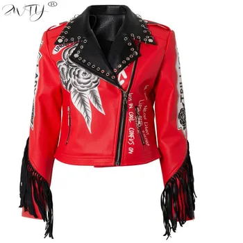 A Marca de moda Jaqueta de Couro feminina Nova Zíper de Impressão Jaqueta de Couro Vermelho com Pregos Rock Punk Locomotiva Cavaleiro Curto Casaco de Couro