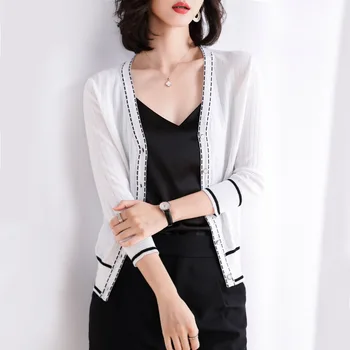 Casaquinho De Malha Camisola De 2019 Coreano Verão Novas Mulheres Breve Preto Branco Blusas Moda Fino Casaco De Lã Para As Mulheres Outwear