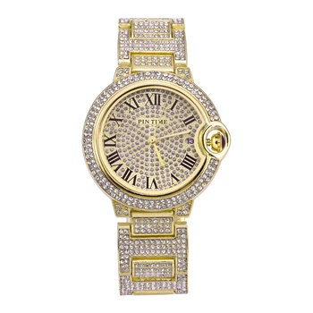 PINTIME Moda Gold Mens Watch Completo de Pesca Gelado Fora do Diamante Relógios de Quartzo Para Mulheres Simples Vestido Casual relógio de Pulso