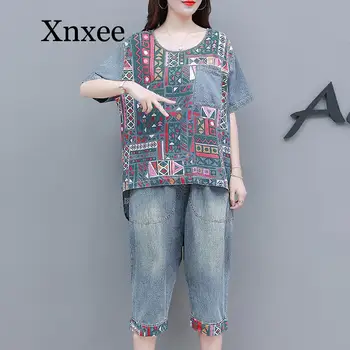 Duas peças de conjunto de mulheres de Jeans terno de verão nova-coreano solta Grande tamanho de Impressão casual carne de jeans terno curto conjuntos para as mulheres fatos