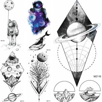 Criativo Galaxy Tatuagens Temporárias Geométricas Planetas Mountian Tatoo Impermeável Astronauta Tatoo Para O Adulto De Corpo Arte Tatoo Decalque