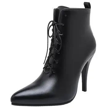 AGODOR Mulheres Apontou Toe Ankle Boots Super Fino de Alta Calcanhar Botas de Inverno Laço no Tornozelo Botas Sapatos Botas Pretas Tamanho Grande 34-48
