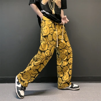 2022 Primavera Novo Streetwear Mulheres Calças de Hip-hop Tendência Casual calças de Moletom Homem Vintage Cartoon Smiley Harém Reta Calças Unisex