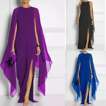 primavera vestido longo 2022 manto femme longue vintage Chiffon O-pescoço Roxo Preto e Azul maxi vestidos, roupas de mulheres elegantes