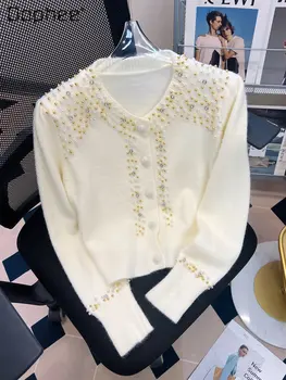 Suéter Casaco Feminino Outono Novo Design Sentido Temperamento Indústria Pesada Grânulos de Diamante Redondo Pescoço Casaquinho de Malha Senhoras Topo