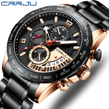 CRRJU clássico preto cronógrafo data de quartzo relógio homens relógios as melhores marcas de Luxo do esporte relógio à prova d'água para homens Relógio Masculino