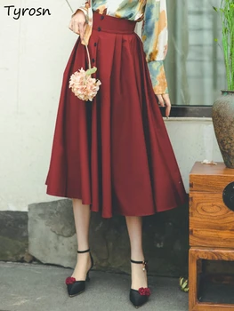 Vermelho Saias das Mulheres Design Retro Império Simples e Puro de Todos-jogo Temperamento Verão Diariamente Criatividade coreano Estilo Femme Faldas da Moda