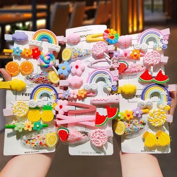 6pcs/Novo conjunto de Itens de Moda 2021 para Crianças grampos de cabelo arco-íris Flor Arco de desenhos animados Kawaii Estilo coreano Gancho Meninas accessorie