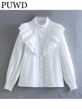 PUWD Mulheres de Branco Laminado Decorativo Poplin de Camisas de 2022 Outono Senhoras Elegantes, O Pescoço Solto Feminina Blusas, Blusas Chiques Tops