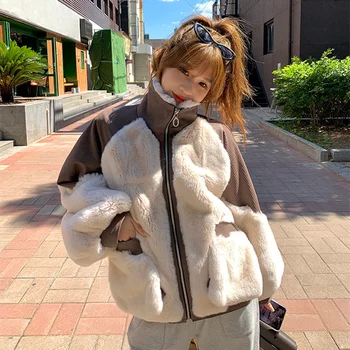 Das mulheres de Pele Rex Inverno Coelho Coats coreano Casual Solta a Cor do Contraste de Costura do Zíper Puff Manga Dupla Face Real Casaco de Peles