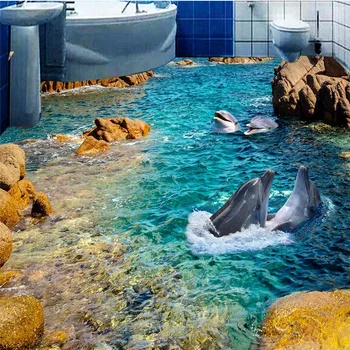 beibehang Moderno adesivo 3D chão mural HD pedra dolphin coast antiderrapante impermeável engrossado auto-adesivo papel de Parede do PVC piso