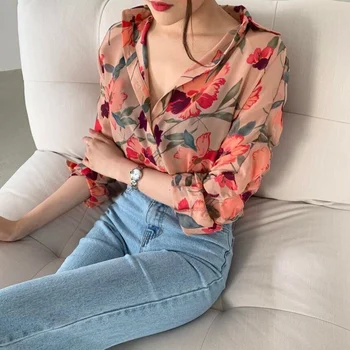 Floral Chiffon Mulheres Camisas De Verão Novo 2021 Vire Para Baixo De Gola Mangas Compridas Solta Fina Dama De Escritório Elegante Outwear Tops
