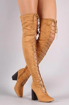 Moda Mulher Frente Cruz-Laço Chunky Salto Alto Perto Do Dedo Do Pé Na Coxa Botas De Camurça Sobre O Joelho Botas De Cavaleiro Botas Mujer Sapatos De Mulher
