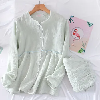 O estilo japonês de novo a primavera e o outono senhoras conjunto de pijama de algodão, crepe de manga longa, calças casa de serviço de terno pijamas para mulheres