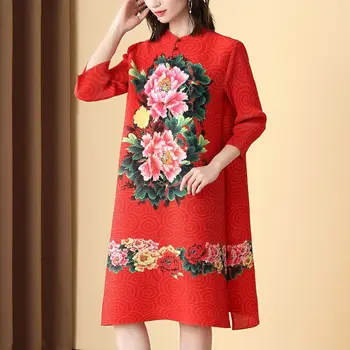 Plissado cheongsam estilo vintage vestido para as mulheres Chineses, solta de vestido de primavera, em 2022, o pescoço manga curta vestido casual feminino