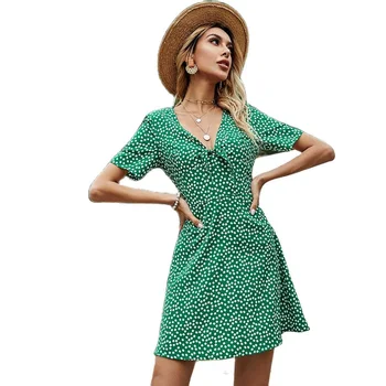 2022 verão nova mulher V-pescoço Pulôver de onda verde do ponto de impressão saia vestido