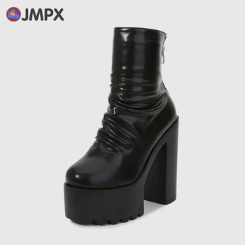 JMPX Marca Mulheres Botas de salto Alto Plataforma Ankle Boots de Moda as Mulheres Sexy de Salto Grosso Estilo Punk Sapatos de Senhora Preto de Microfibra