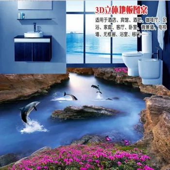 wellyu Personalizados grande mural de piso de pvc lindo golfinho de cártamo engrossado resistente ao desgaste 3d piso impermeabilizado adesivos