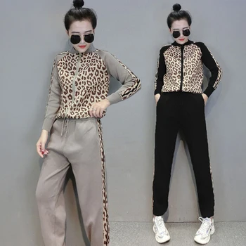 Amolapha Mulheres Estampa De Leopardo Cardigans De Tricô + Skinny Conjuntos De Calças Casuais Casaco De Malha Calças De Fato De Desporto