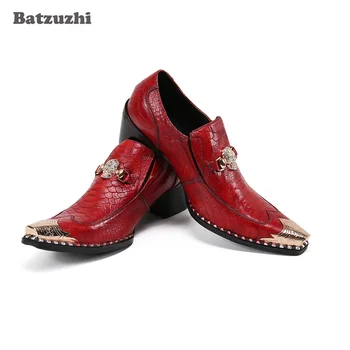Batzuzhi Sapatos de Couro de 6,5 cm de Salto Alto, Homens de Negócio Formal Sapatos de Vestido Vintage Metal Pontiagudo Dedo do pé Vermelho de Casamento e Festa de Sapatos de Homens