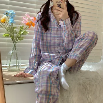 Fernan coreano Xadrez Pijama Mulheres Pijamas Outono Pijama Manga Longa Pijamas de Duas peças de Conjunto de roupa de Dormir Camisola Terno para Casa Pjs