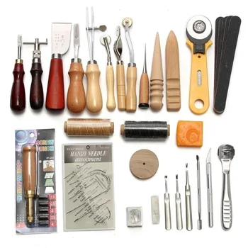 Profissional de Artesanato de Couro Kit de ferramentas de Mão-costura Costura Socando o Trabalho de Escultura Sela de Fenda Conjunto de Acessórios DIY Conjunto de 37 peças