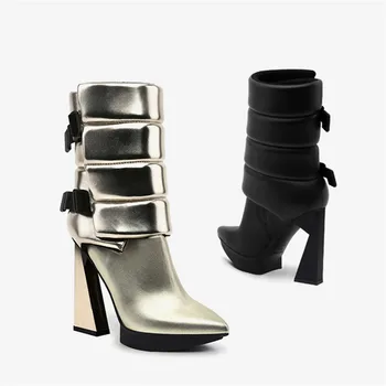 Designer de Tornozelo Botas para Mulheres Apontou Toe, Plataforma de Bombas de 12CM de Salto Alto Sapatos de Mulher Moda Estranho Calcanhar Curto Botas