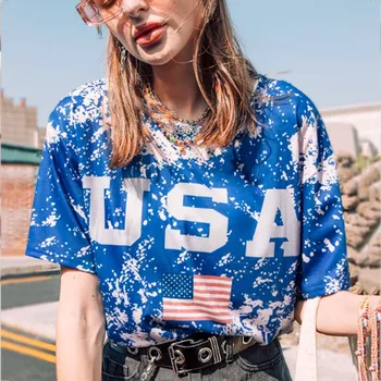EUA Letra Bandeira Vintage Americana Tie Dye Mulher Camisetas Crewneck Short Sleeve Top Casual de Verão Plus Size Chique Roupas de Streetwear