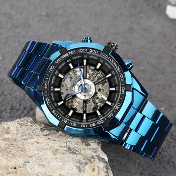 Mecânico de carregamento automático do relógio de Pulso de Moda Azul pulseira de Aço Relógio masculino Algarismos arábicos, Movimento Negro Relógios de Presente para Homens