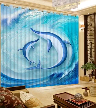 blue living, sala de cortinas de casa cortinas decoração Ondas golfinhos decoração de casa moderna decoração personalizada