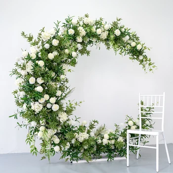 JAROWN Lua Arco com Arranjo Floral Conjunto Artificial de Rosa Branca, Calça Verde Flores de Linha para a Festa de Casamento Decoração