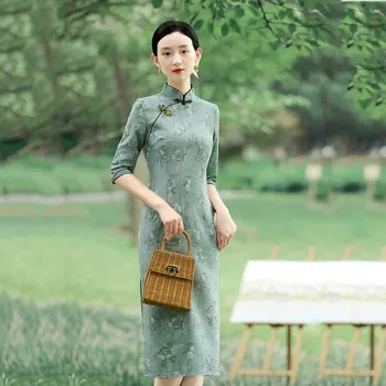 Elegante Verde De Impressão Flores Qipao Vintage Colarinho De Mandarim Cheongsams Mulheres Slim Meia Manga Chinês Vestidos Longos Vestidos