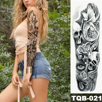 Novo 1 Pedaço da Etiqueta Temporária Tatuagem de caveira pássaro tempo de olhos estilo da Tatuagem do Braço com o Corpo Art Grande Manga Grande Falso Etiqueta da Tatuagem