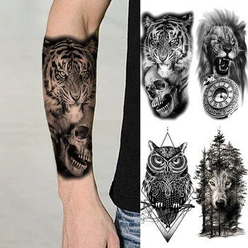 Black Tiger Crânio De Tatuagens Temporárias Para As Mulheres, Homens Adultos Leão Bússola Coruja Lobo Da Floresta Geometria Falso Tatuagem No Antebraço Lavável Tatoo