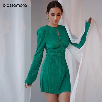 Blossomora Preto Verde Ocos Cintura Elástica Mini Vestido Elegante, Sexy O-pescoço Longo da Luva de Primavera e Outono, Vestidos de Mulheres 2022