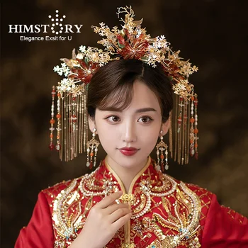HIMSTORY Clássico Chinês Tradicional Noiva Vermelho Tiara de Flor Tiara Clara Flor Cocar de Cabelo de Noiva Accessorie