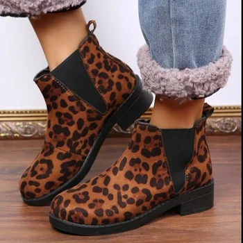 2022 Outono e Inverno Novo Chelsea Boots Botas femininas do Leopardo Grosso Calcanhar de Mulheres Botas Curtas Cunha Sapatos Botas De Mulher