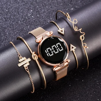 5PCS /Set de Luxo das Mulheres Relógio Pulseira de Senhoras de Ouro Digital LED de Quartzo Wriswatch Mulheres do Esporte Relógio Feminino Relógio Feminino 2021