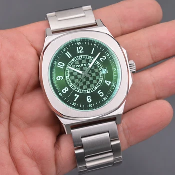 Moda Parnis 42mm Verde de Discagem Automática de Relógios Mecânicos Homens Vidro de Safira Calendário Relógio à prova d'água Relógio Masculino 2022